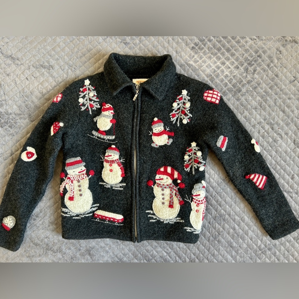 Vintage Talbots Wool Snowman Cardigan Petite PP Hong Kong Kitsch Holiday